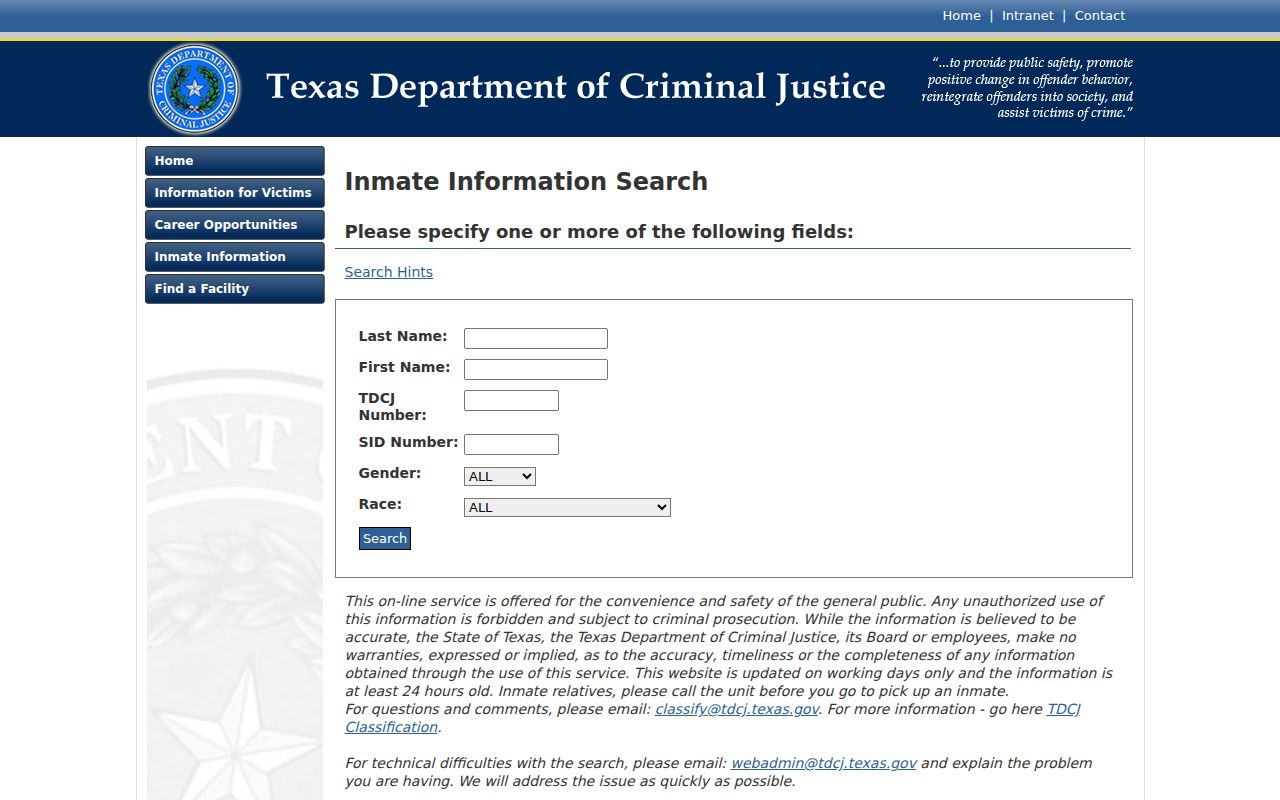 TDCJ inmate search after a Lampasas County arrest and conviction