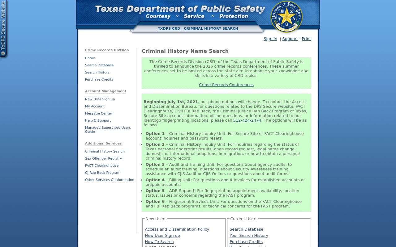 Lampasas County criminal history search through the Texas DPS conviction portal