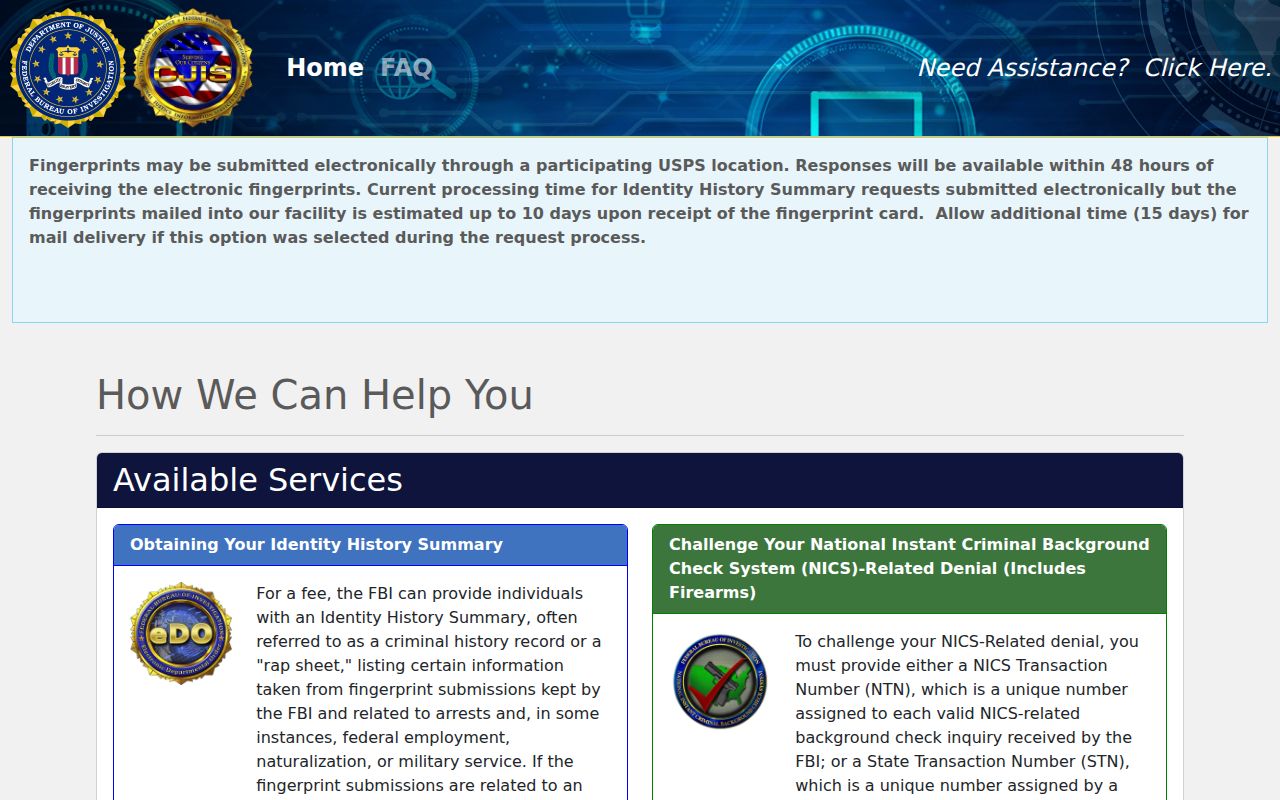 FBI identity history portal for Lampasas County personal record review