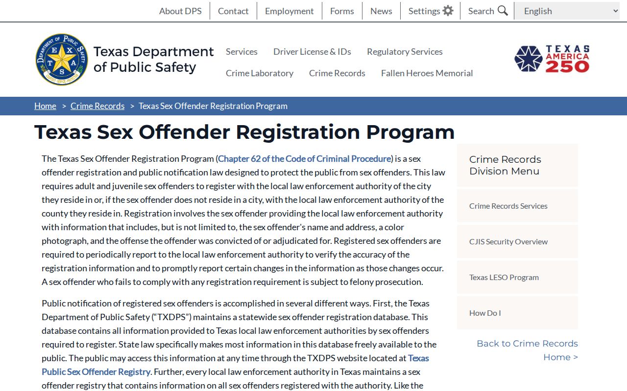 Lampasas County sex offender registry information on the Texas DPS program page