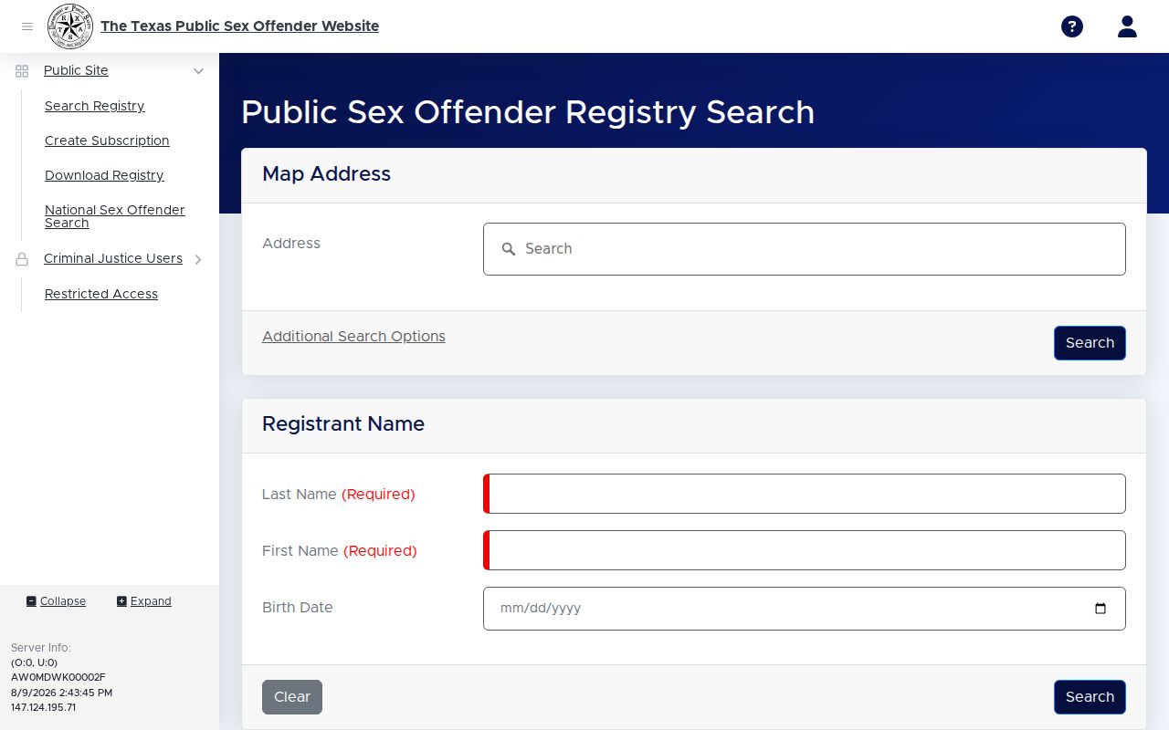 Lampasas County sex offender lookup on the Texas DPS registry search screen